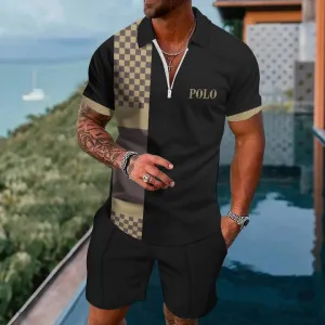 Men's Geometric Print Casual Short-Sleeved Polo Two-Piece Set 2407000731
