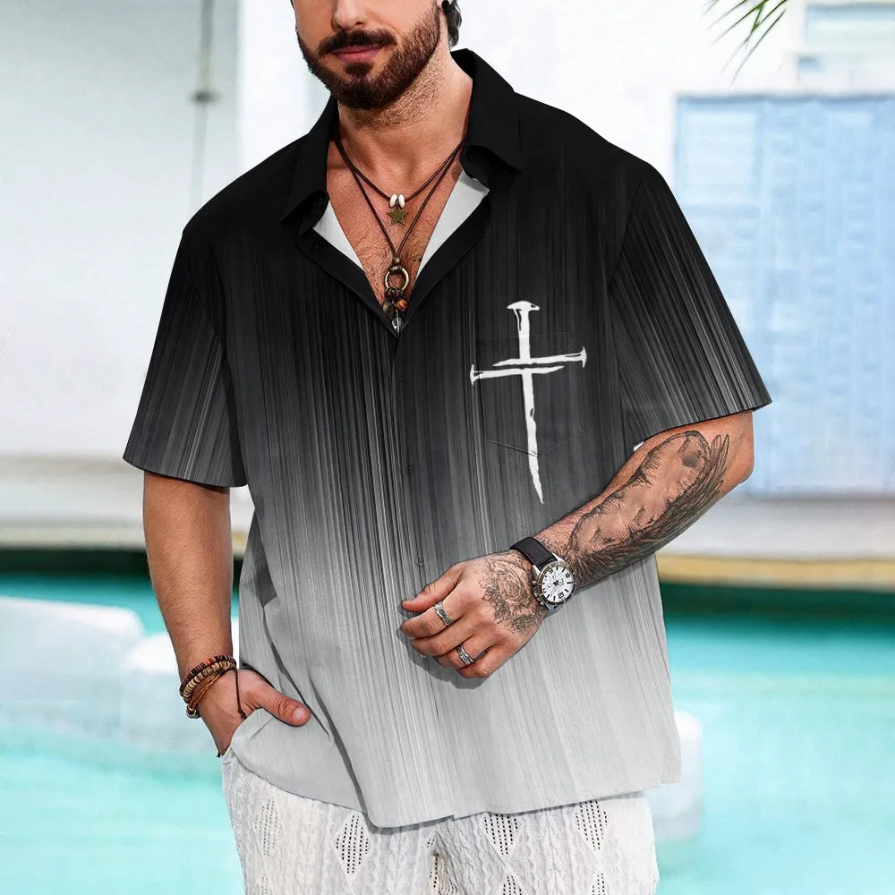 Men's Gradient Cross Print Casual Short Sleeve Shirt 2402000330