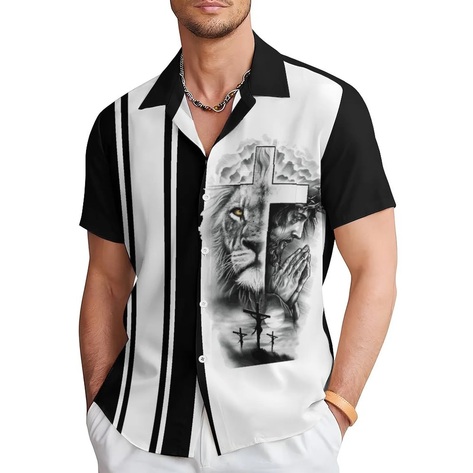 Men's jesus print casual short sleeve shirt 2310000970