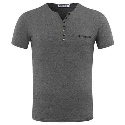 Mens Odell Cotton Solid Color Buttons Short Sleeve V-neck Casual T-shirt