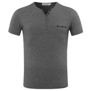 Mens Odell Cotton Solid Color Buttons Short Sleeve V-neck Casual T-shirt