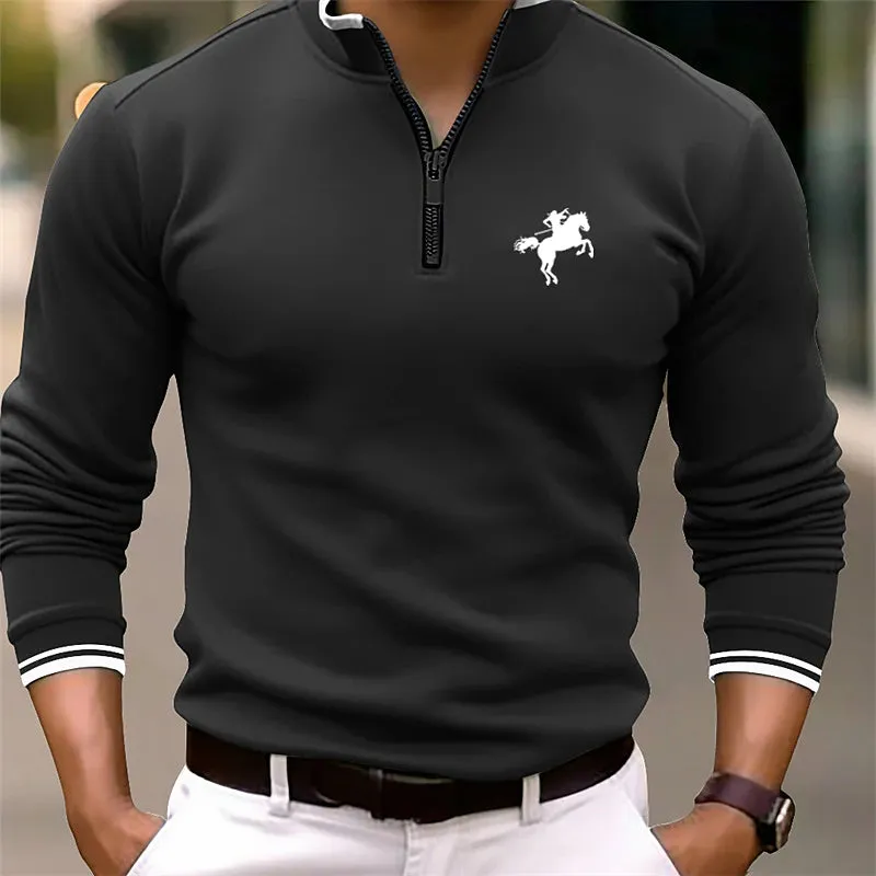 Men's Solid Color Stand Collar Long Sleeve Zip Polo 2412000519