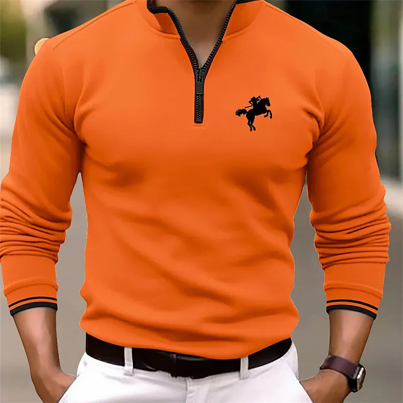 Men's Solid Color Stand Collar Long Sleeve Zip Polo 2412000519