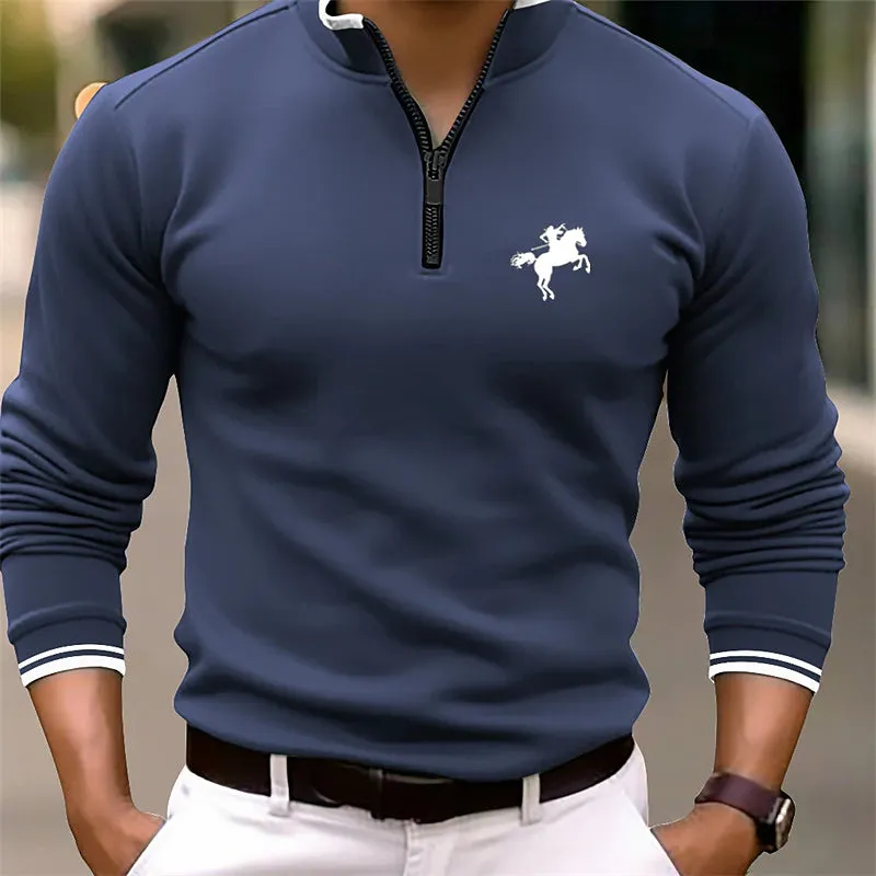 Men's Solid Color Stand Collar Long Sleeve Zip Polo 2412000519