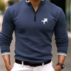 Men's Solid Color Stand Collar Long Sleeve Zip Polo 2412000519