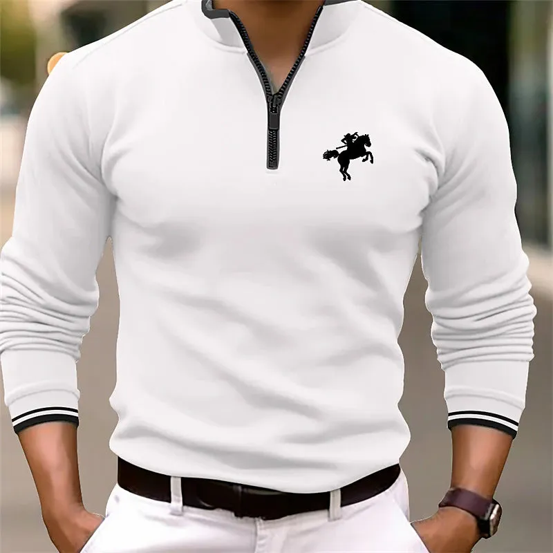 Men's Solid Color Stand Collar Long Sleeve Zip Polo 2412000519