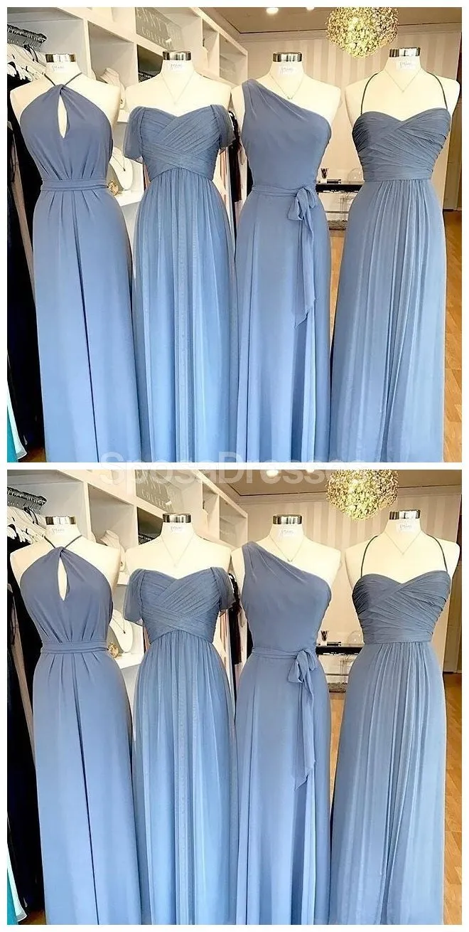 Mismatched Chiffon Blue Cheap Long Simple Bridesmaid Dresses Online,  WG725