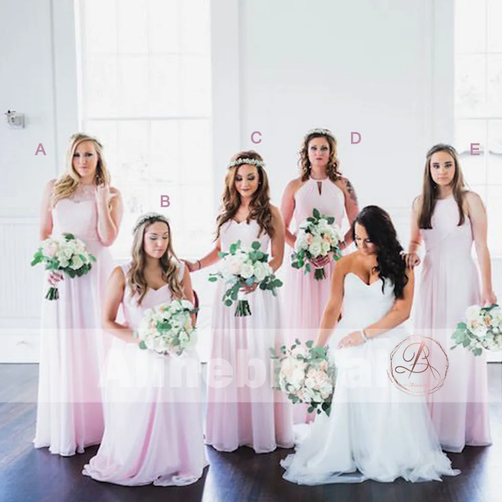 Mismatched Pink Chiffon Long A-line Simple Bridesmaid Dresses, AB1227