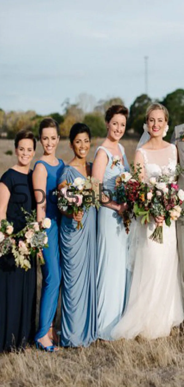 Mismatched Simple Blue Jersey Custom Beach Long Bridesmaid Dresses WG818
