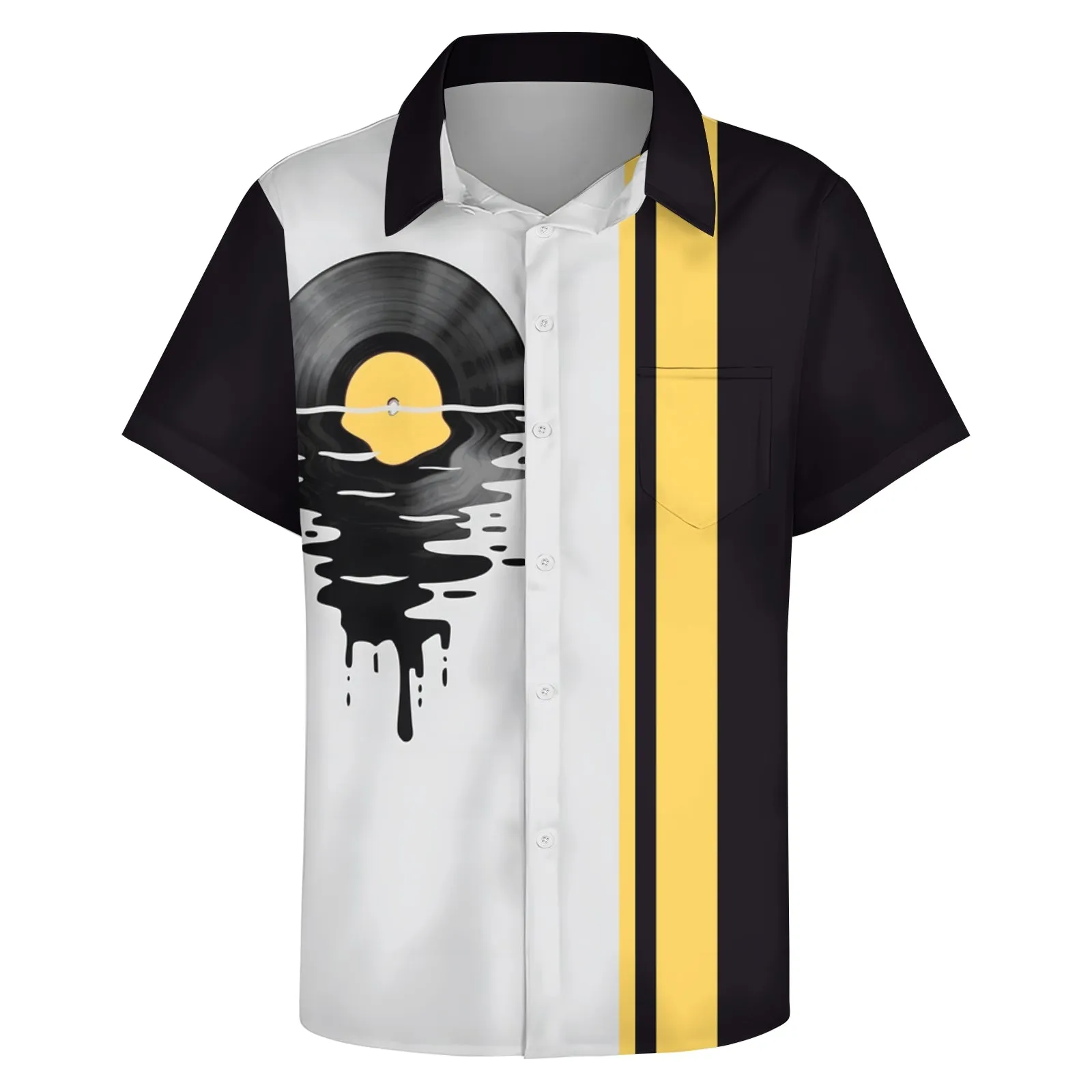 Music Vinyl Record Print Plus Size Bowling Shirt Casual Short Sleeve Shirt 2404000701