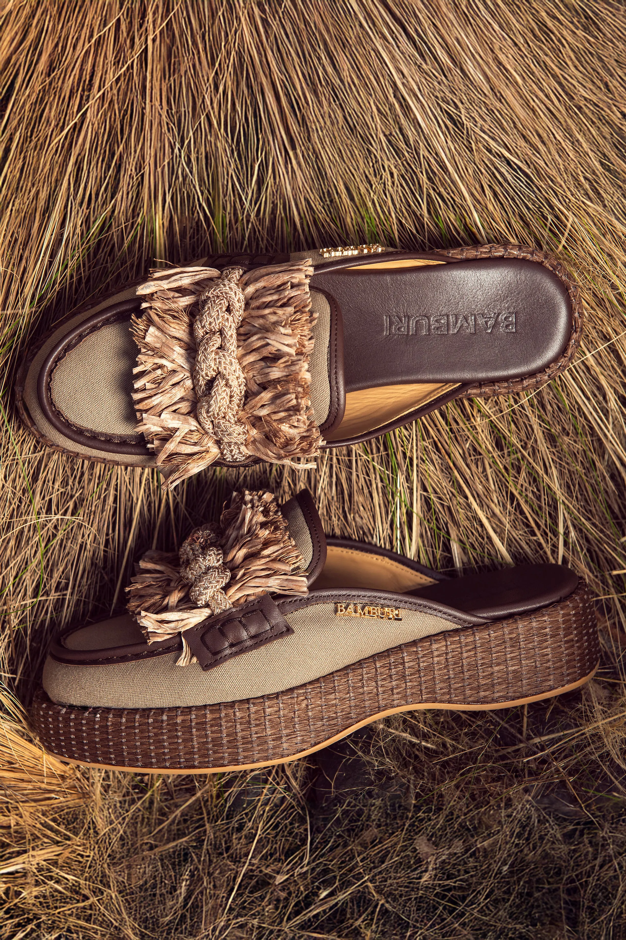 Natural Raffia Braided Mules with Woven Platform