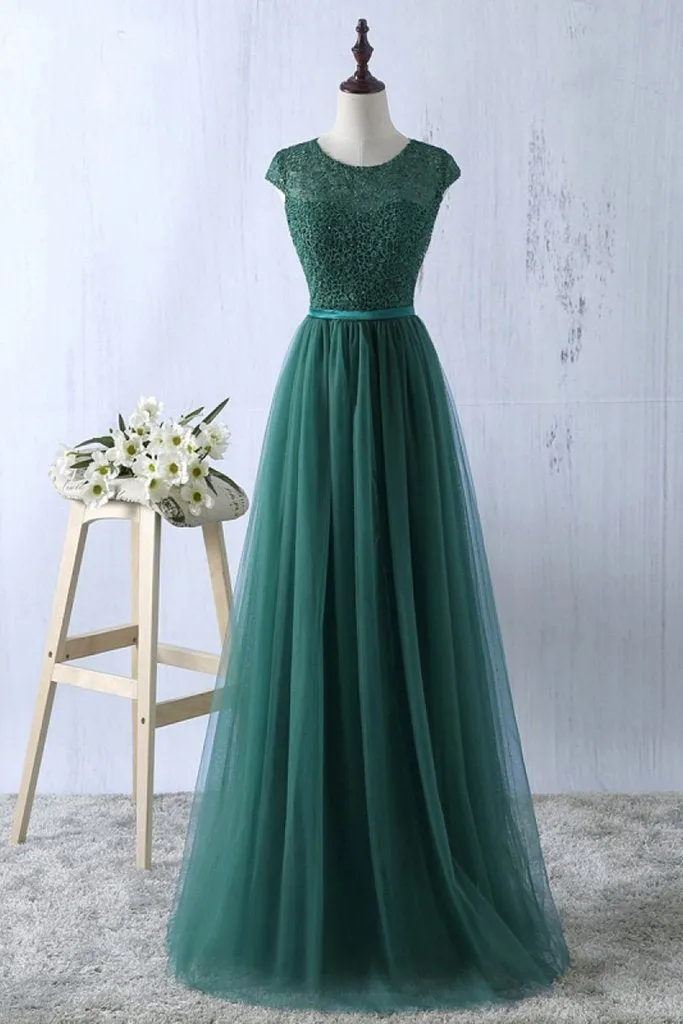 Navy Blue Lace and Tulle Long Bridesmaid Dresses, Pretty Simple Bridesmaid Dresses, Prom Dress