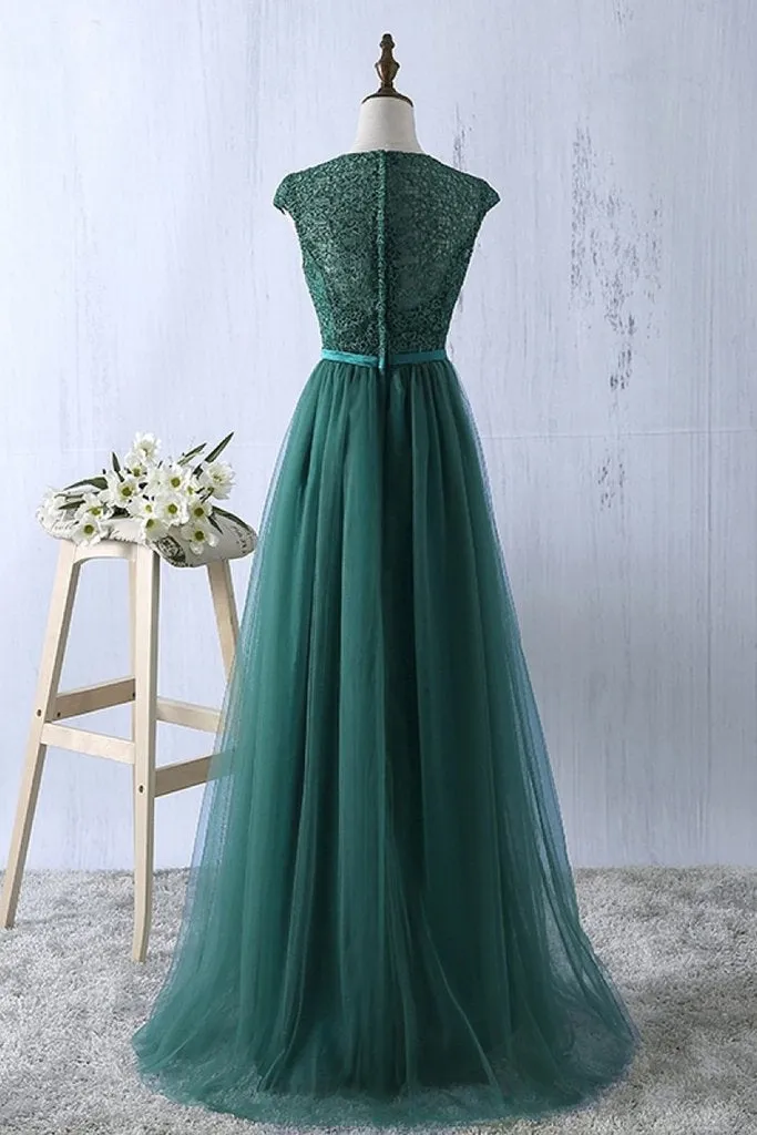 Navy Blue Lace and Tulle Long Bridesmaid Dresses, Pretty Simple Bridesmaid Dresses, Prom Dress