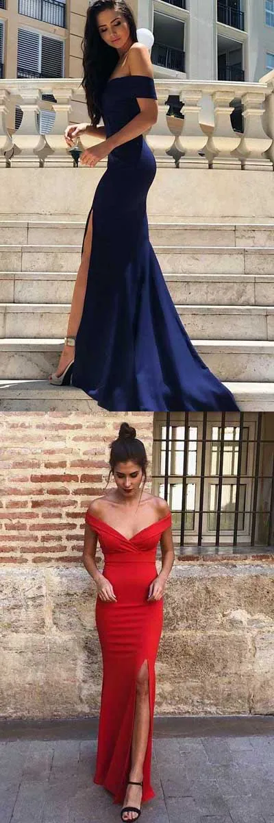 Navy Blue Mermaid Satin Off-the-Shoulder Sweep Train Formal Dresses with Split, SP483