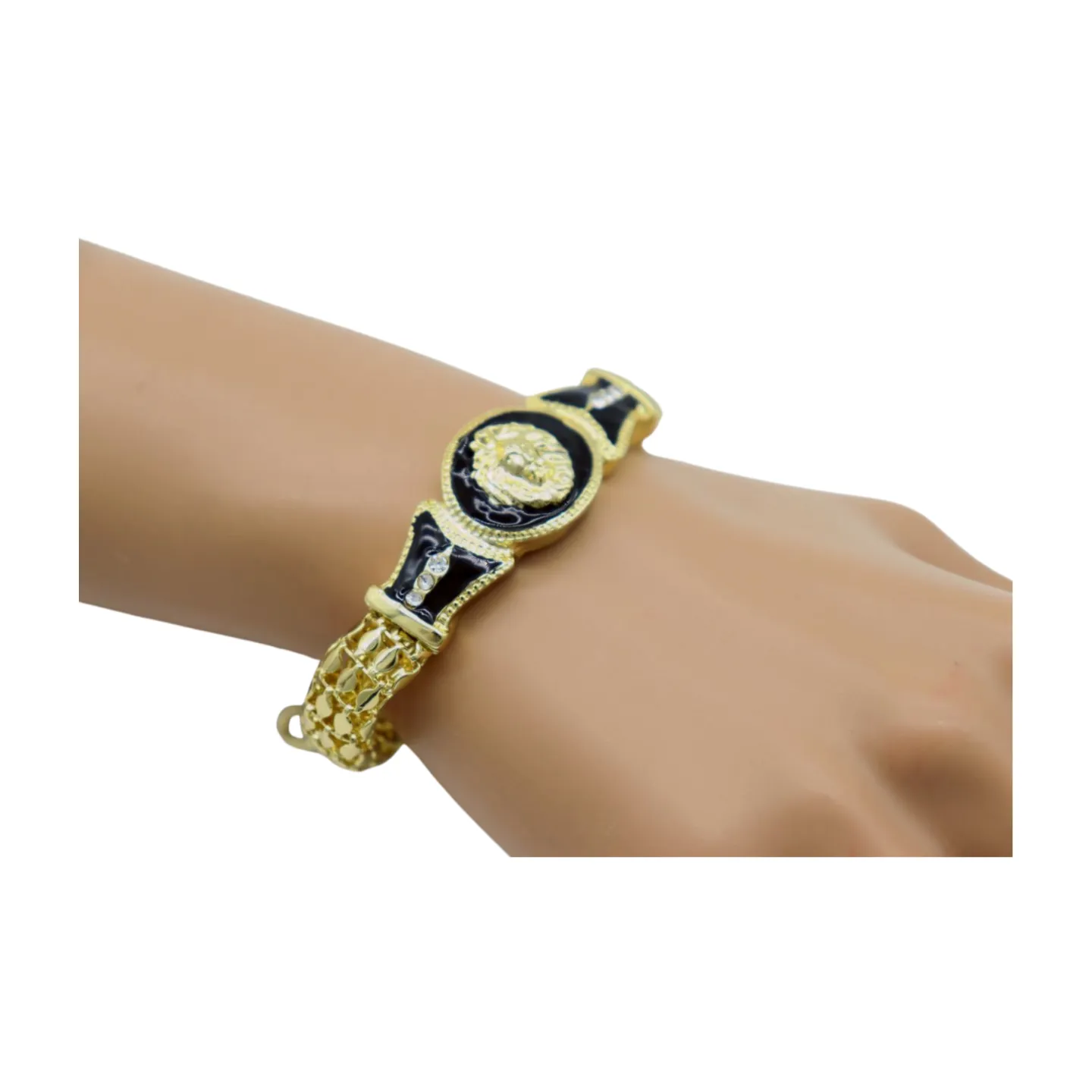 New Women Gold Plated Metal Band Bracelet Fashion Jewelry Bling Lion Head Charm