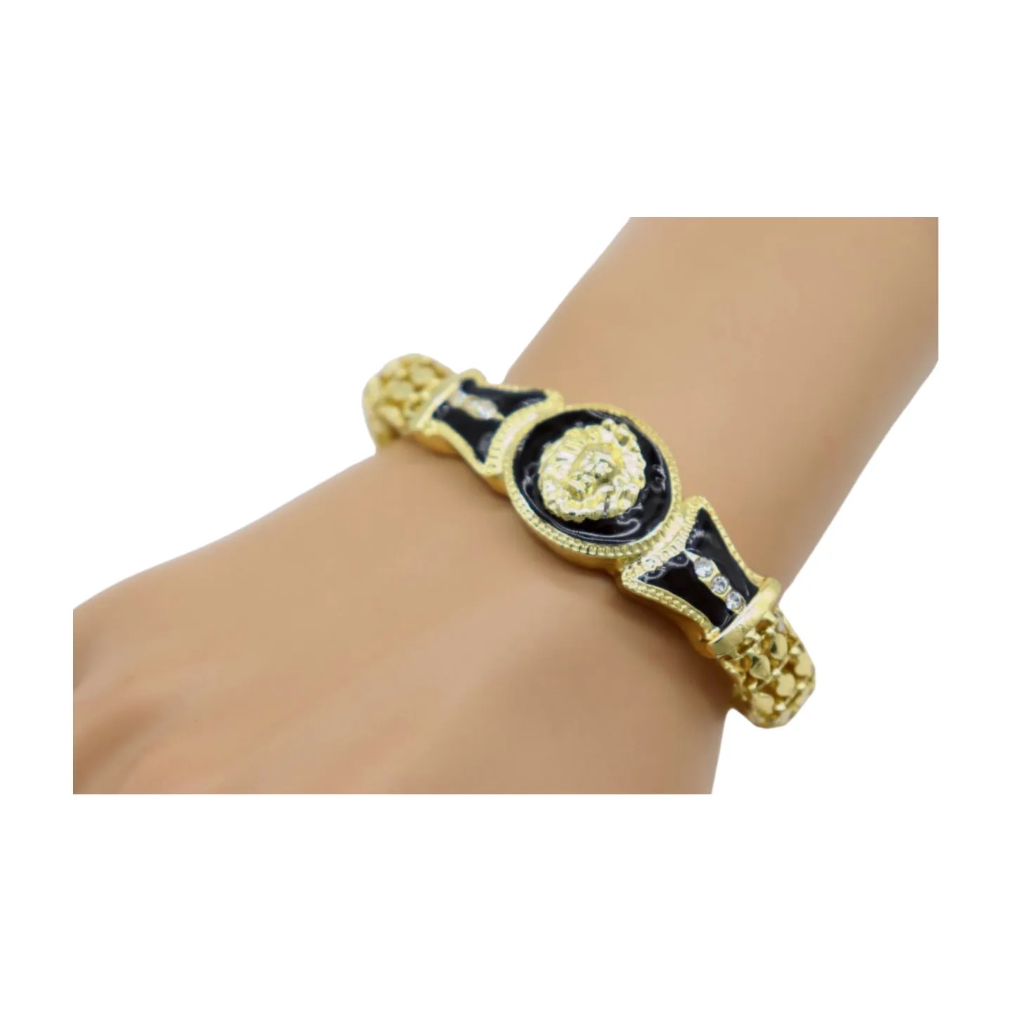 New Women Gold Plated Metal Band Bracelet Fashion Jewelry Bling Lion Head Charm