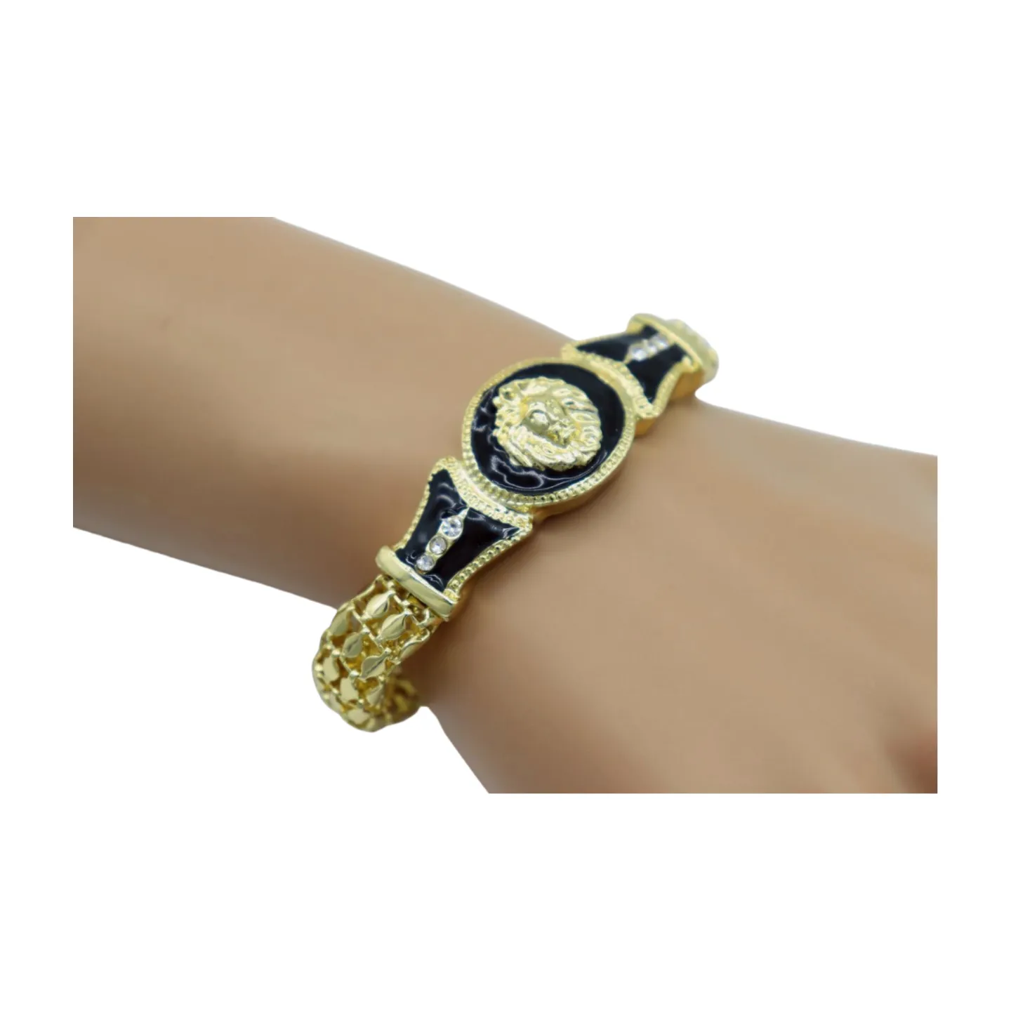 New Women Gold Plated Metal Band Bracelet Fashion Jewelry Bling Lion Head Charm
