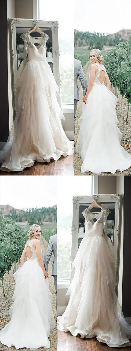 Newest Simple V-neck Tulle Open-back Wedding dresses With Train, WD0419