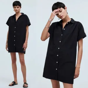 NWT Madewell Collared Button-Front Mini Shirtdress Black XS NP091 Cotton Poplin