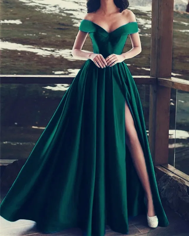 Off Shoulder High Slit Prom Dresses Simple Evening Dresses Red, Blue & Green