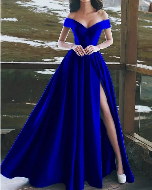 Off Shoulder High Slit Prom Dresses Simple Evening Dresses Red, Blue & Green