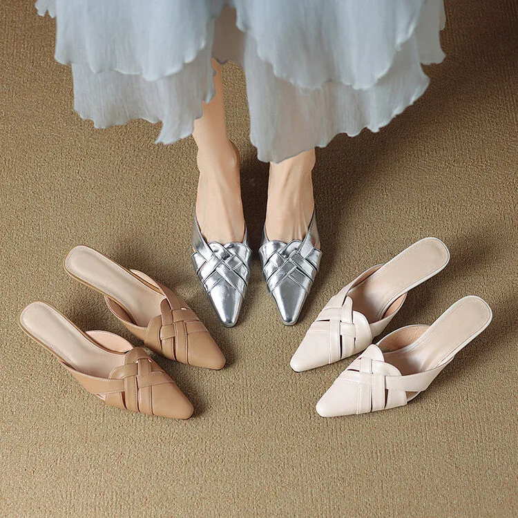 Off-White Beige Silver Mid Heel Woven Leather Mules #001165