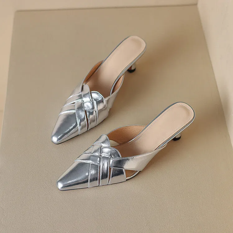 Off-White Beige Silver Mid Heel Woven Leather Mules #001165