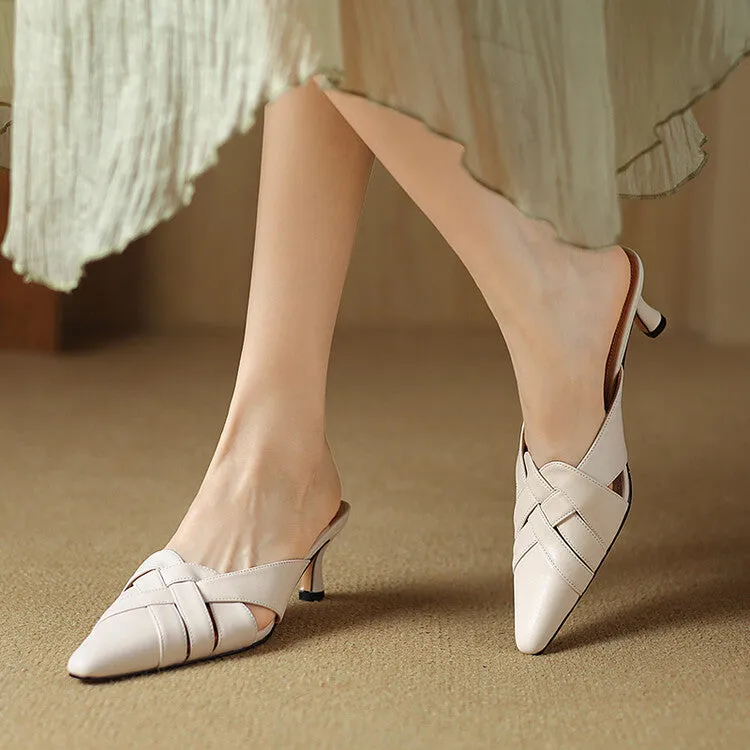 Off-White Beige Silver Mid Heel Woven Leather Mules #001165