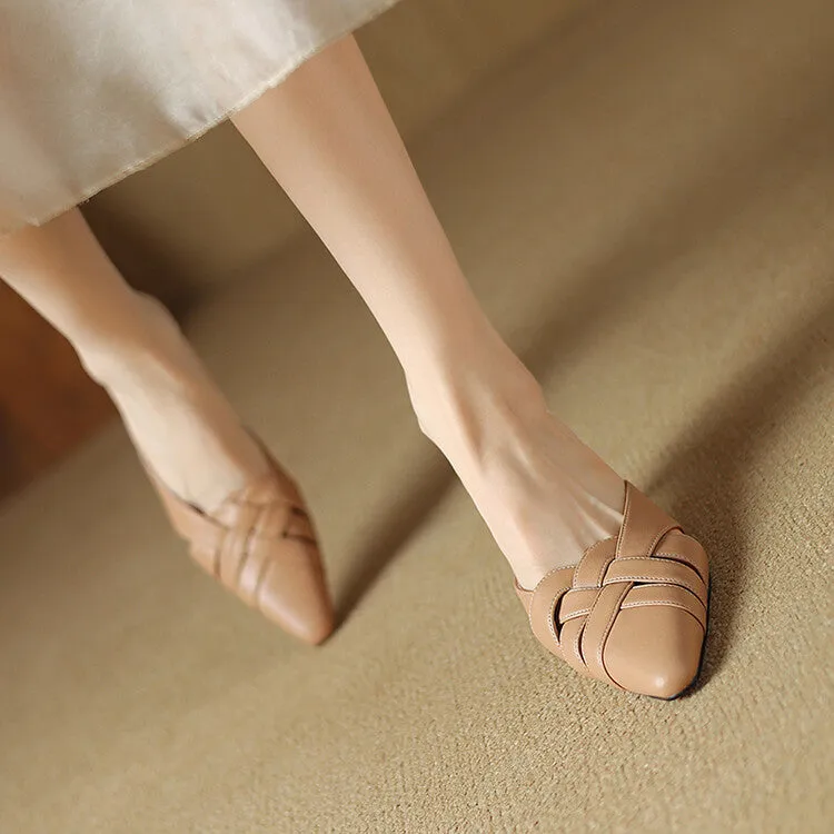 Off-White Beige Silver Mid Heel Woven Leather Mules #001165