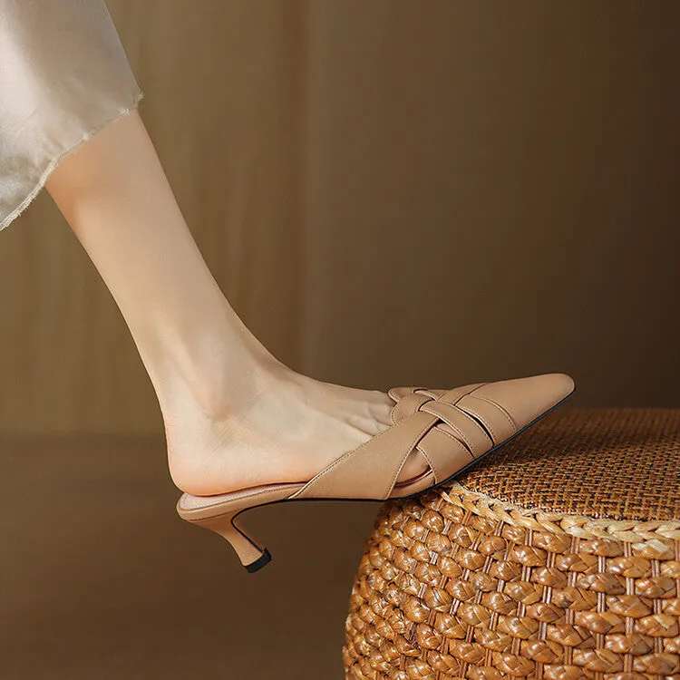 Off-White Beige Silver Mid Heel Woven Leather Mules #001165