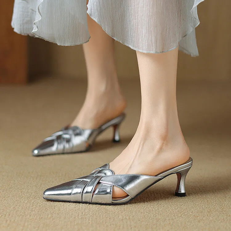 Off-White Beige Silver Mid Heel Woven Leather Mules #001165