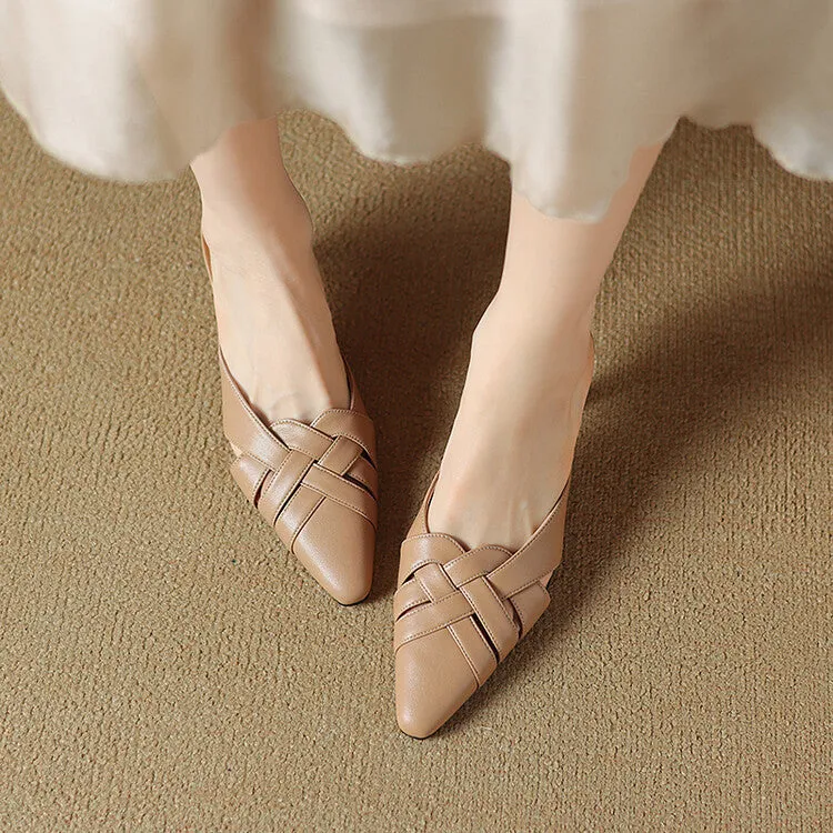 Off-White Beige Silver Mid Heel Woven Leather Mules #001165