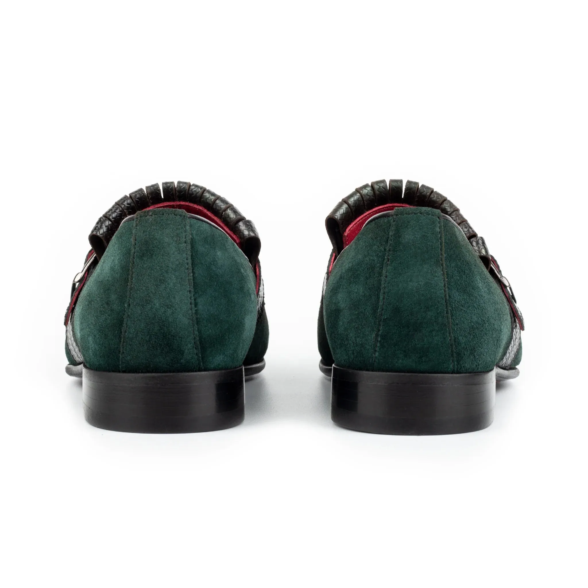 Olive  Italian Suede Leather Lysandra Tassel Loafers With Monk Strap - Loafers Shoes