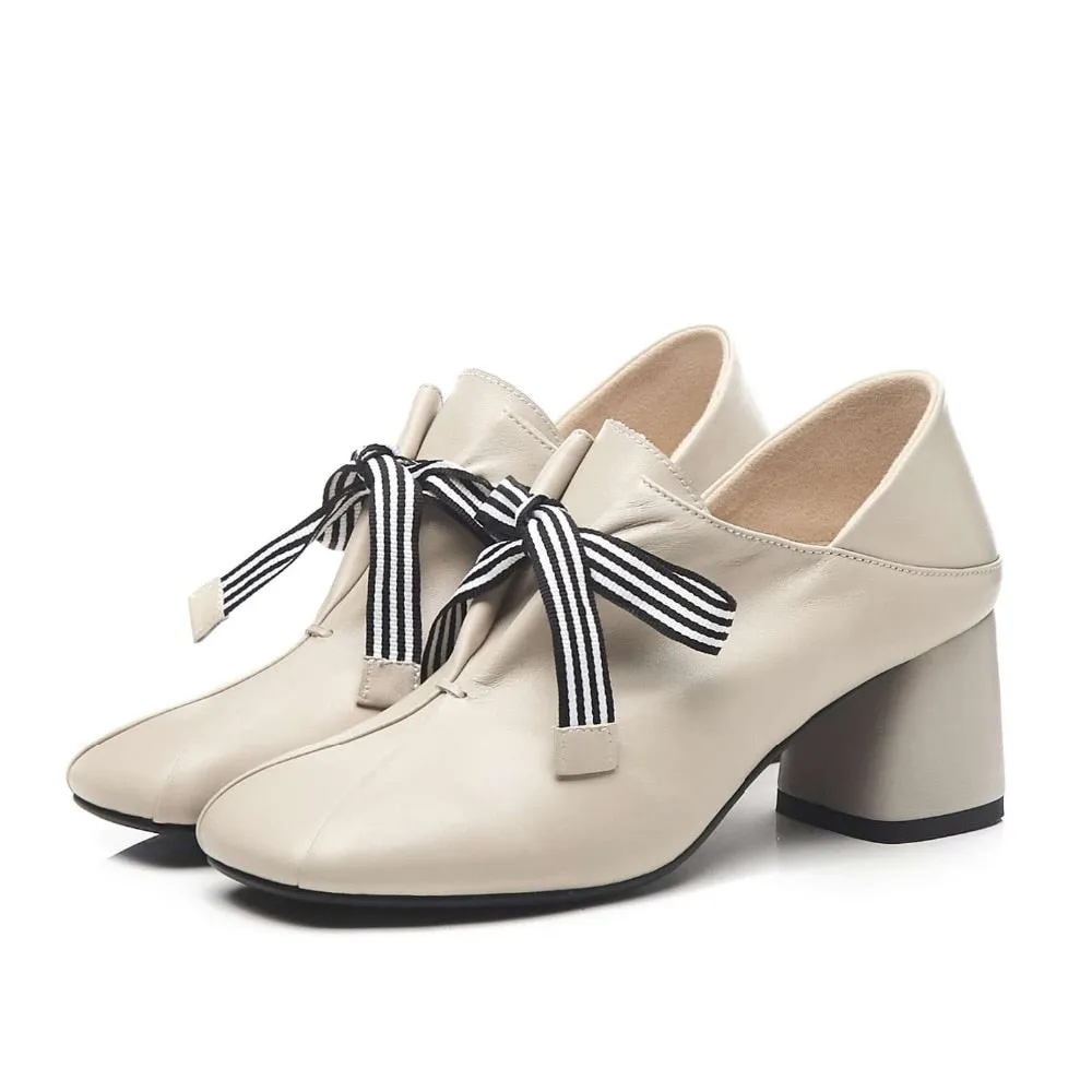 Original design striped lace up fashion British style thick med heels daily wear pumps square toe genuine leather shoes