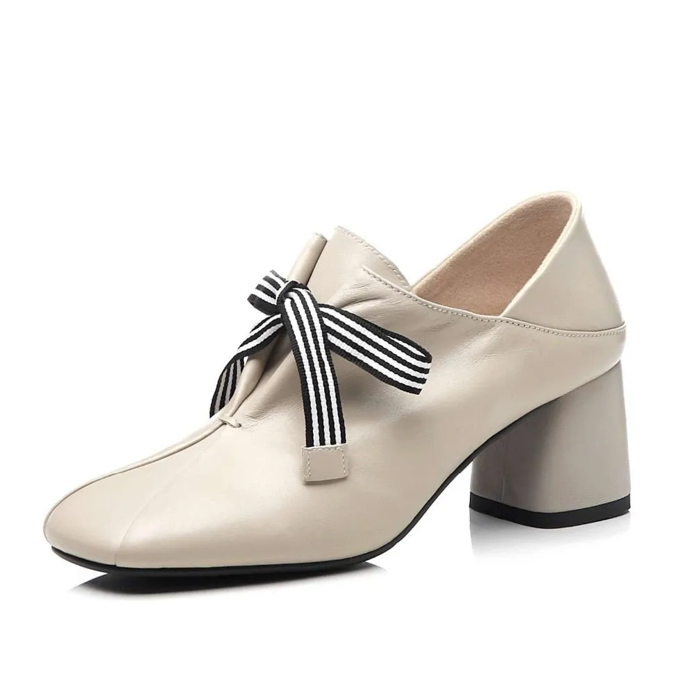 Original design striped lace up fashion British style thick med heels daily wear pumps square toe genuine leather shoes