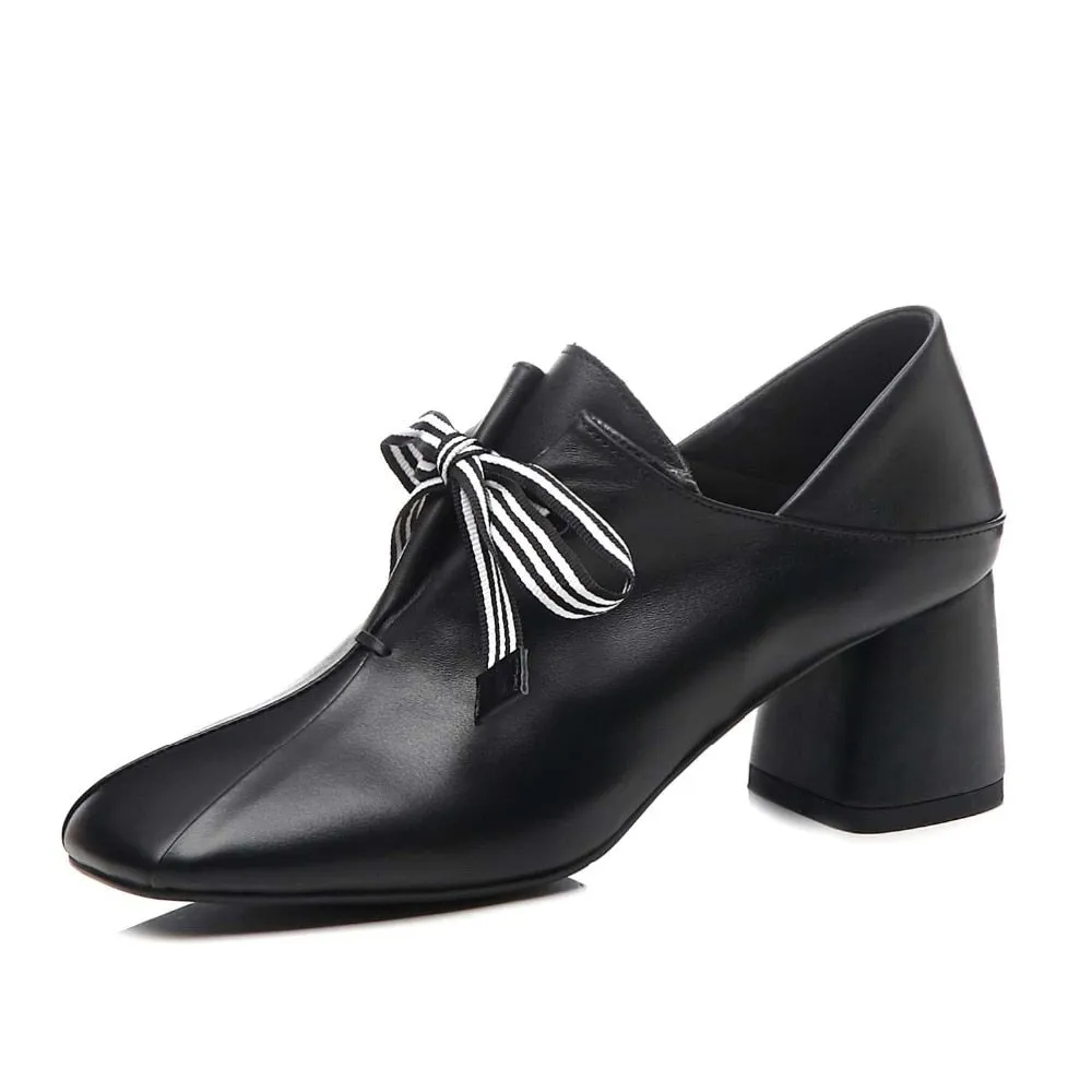 Original design striped lace up fashion British style thick med heels daily wear pumps square toe genuine leather shoes