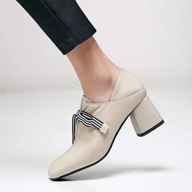 Original design striped lace up fashion British style thick med heels daily wear pumps square toe genuine leather shoes
