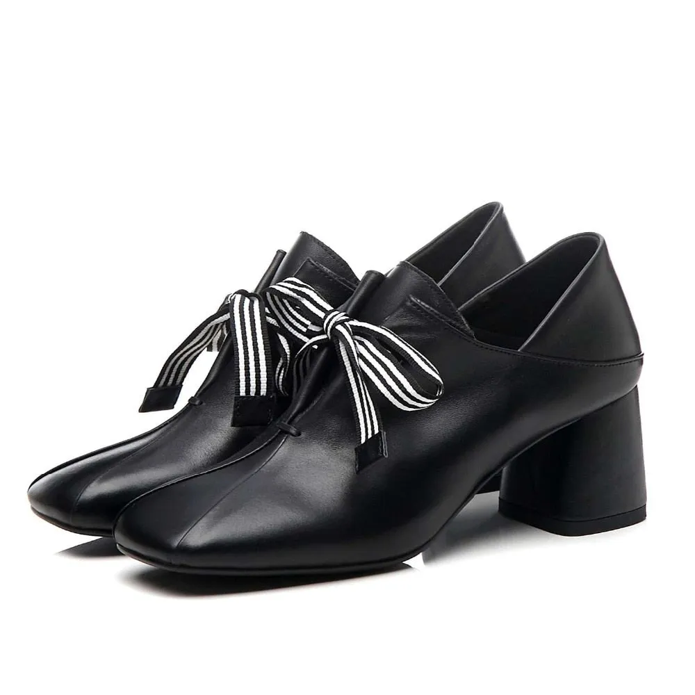 Original design striped lace up fashion British style thick med heels daily wear pumps square toe genuine leather shoes