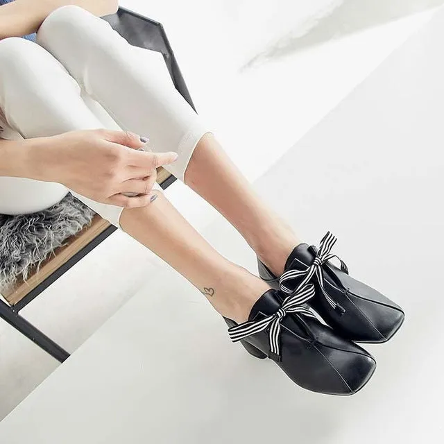 Original design striped lace up fashion British style thick med heels daily wear pumps square toe genuine leather shoes
