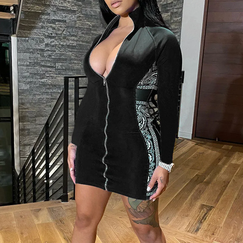 Paisley Print Long Sleeve Zipper Design Bodycon Dress