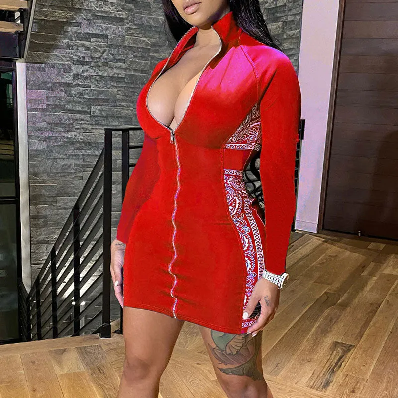 Paisley Print Long Sleeve Zipper Design Bodycon Dress