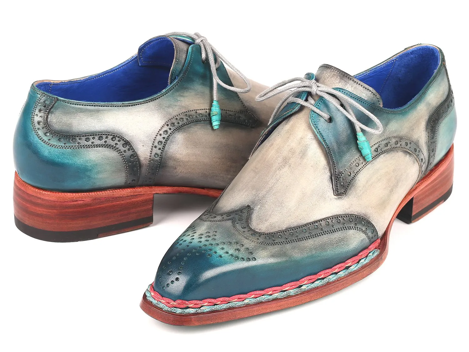 Paul Parkman Norwegian Welted Wingtip Derby Shoes in Blue & Grey