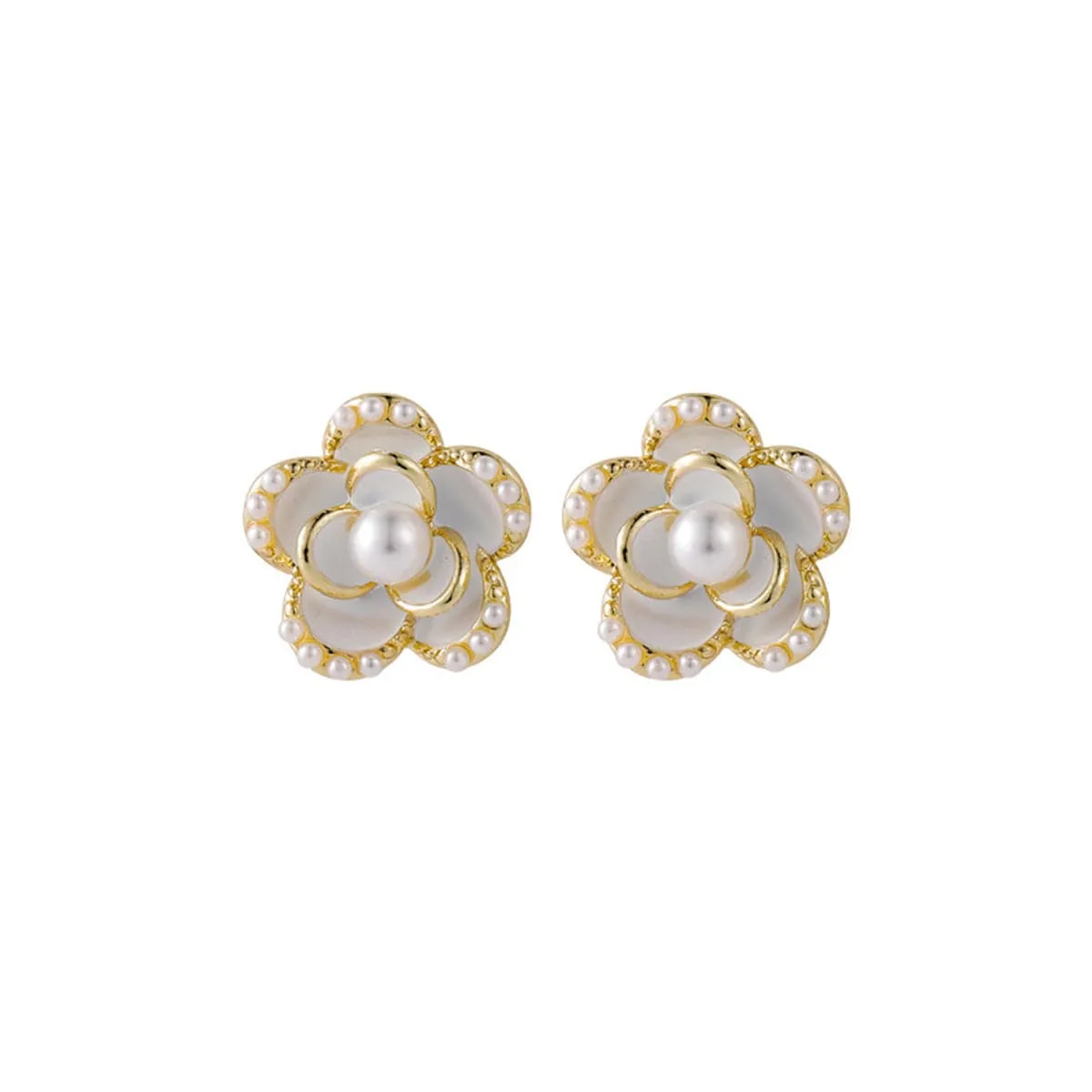 Pearl & Enamel 18K Gold Plated Flower Stud Earrings
