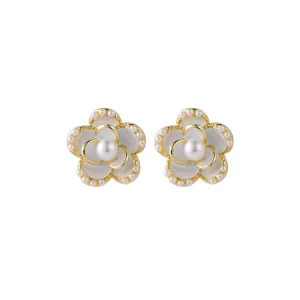 Pearl & Enamel 18K Gold Plated Flower Stud Earrings