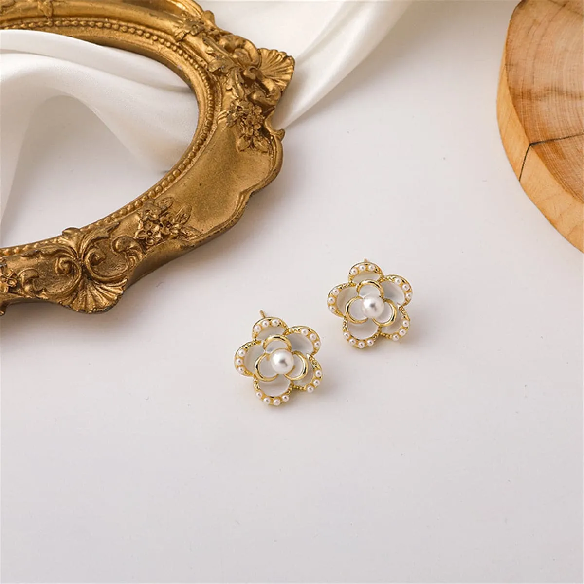 Pearl & Enamel 18K Gold Plated Flower Stud Earrings