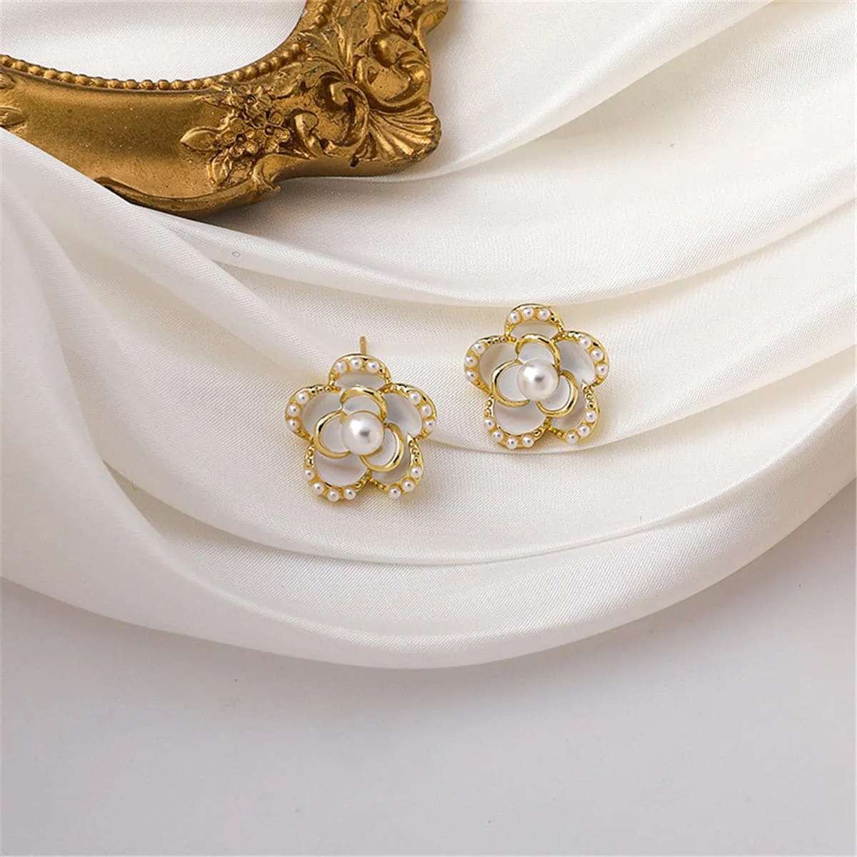 Pearl & Enamel 18K Gold Plated Flower Stud Earrings