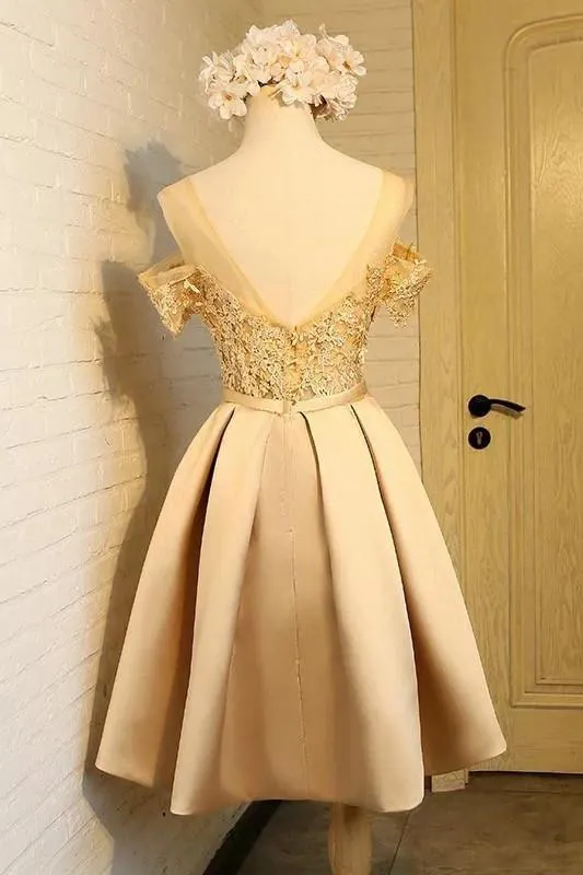 Pink Satin Off The Shoulder Short Prom Dress, Appliques Homecoming Dress, MH266