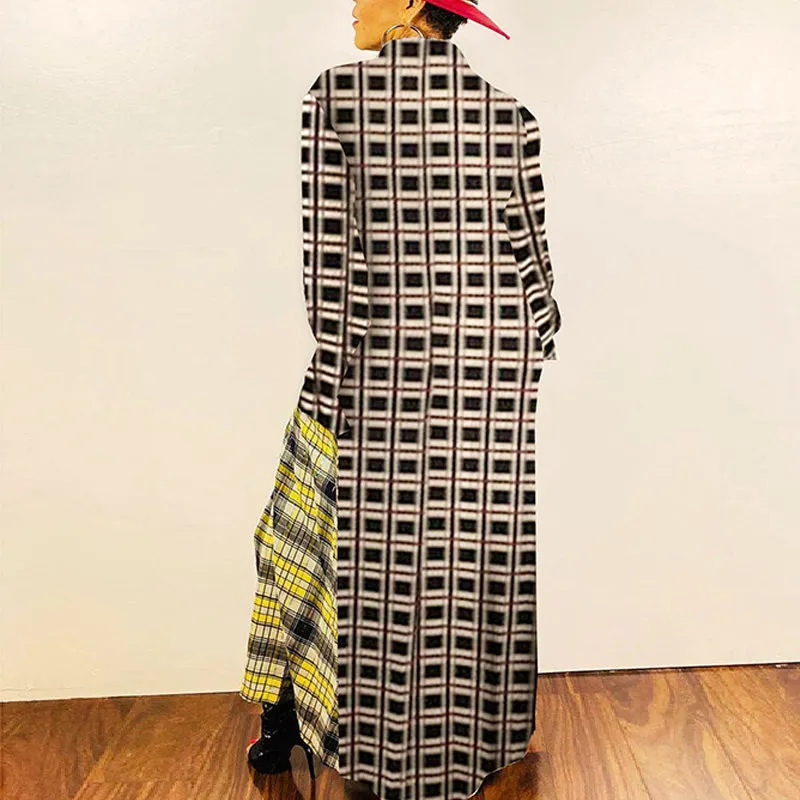 Plaid Colorblock Button Design Dress