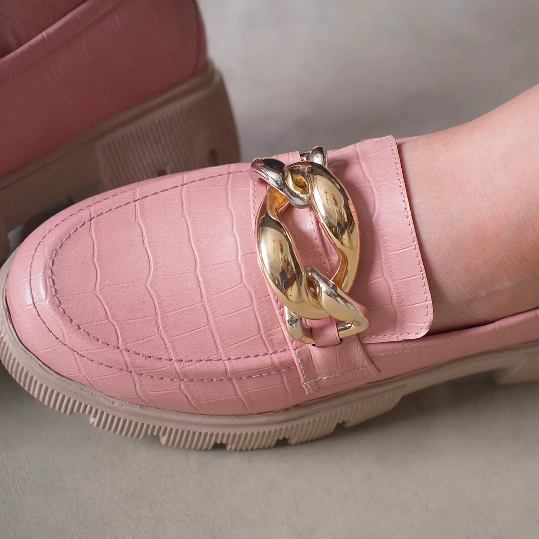 Plain Leather With Chain Moc Toe Platform Loafers - pink
