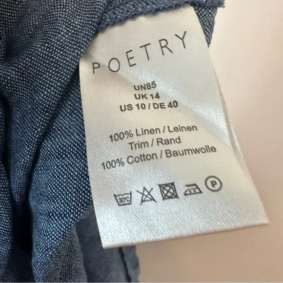 Poetry Chambray Blue 100% Linen Skirt with Pockets Size 10